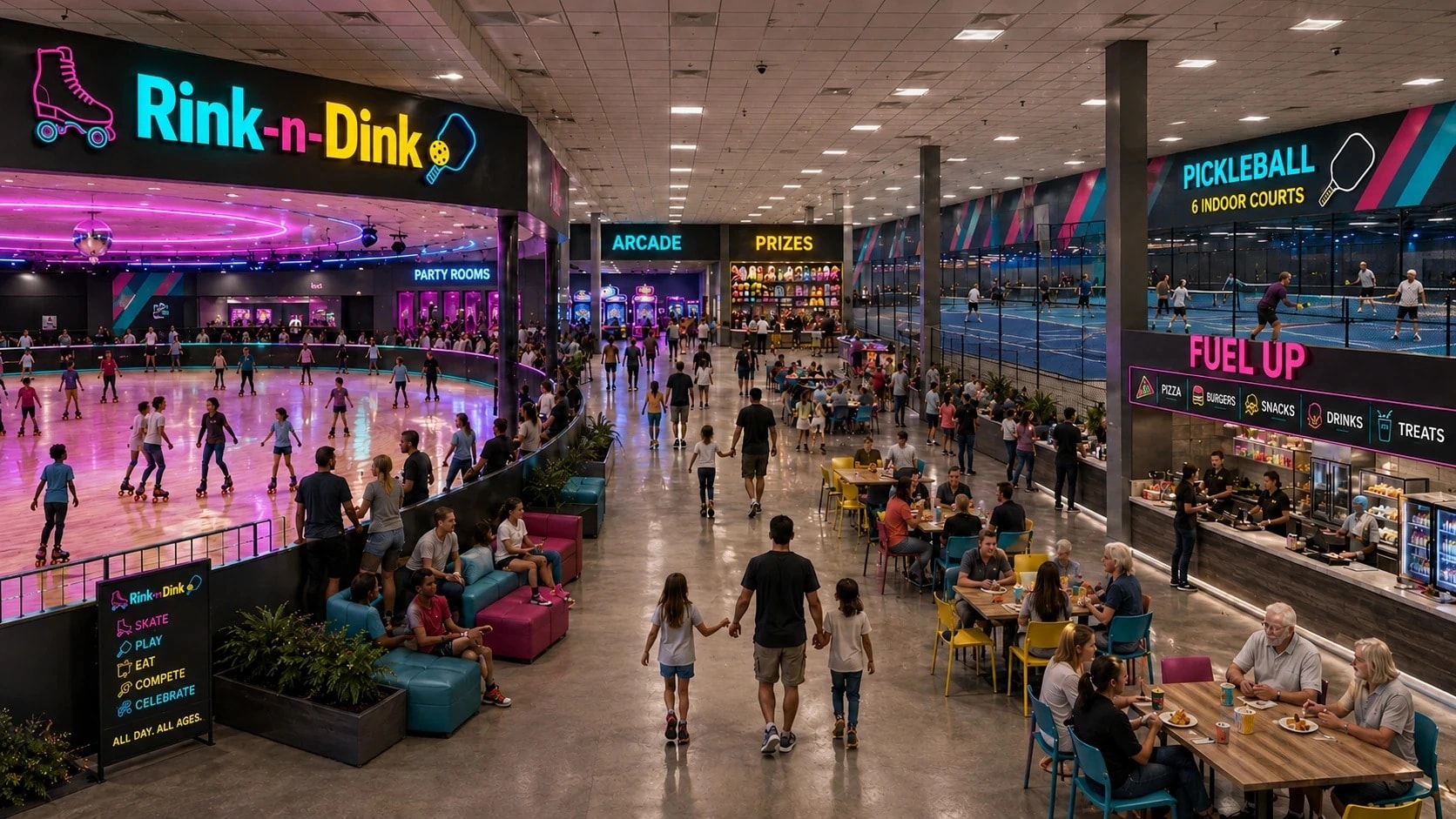 Rink-n-Dink integrated indoor entertainment concept