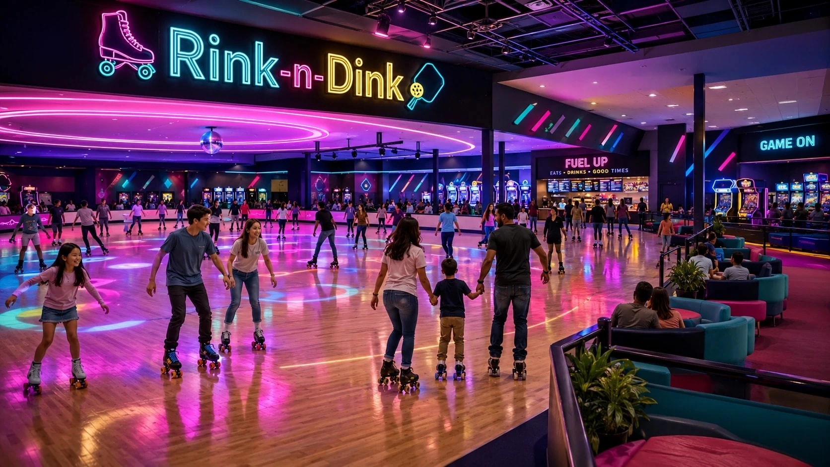 Rink-n-Dink roller skating concept with families and all-ages rink activity